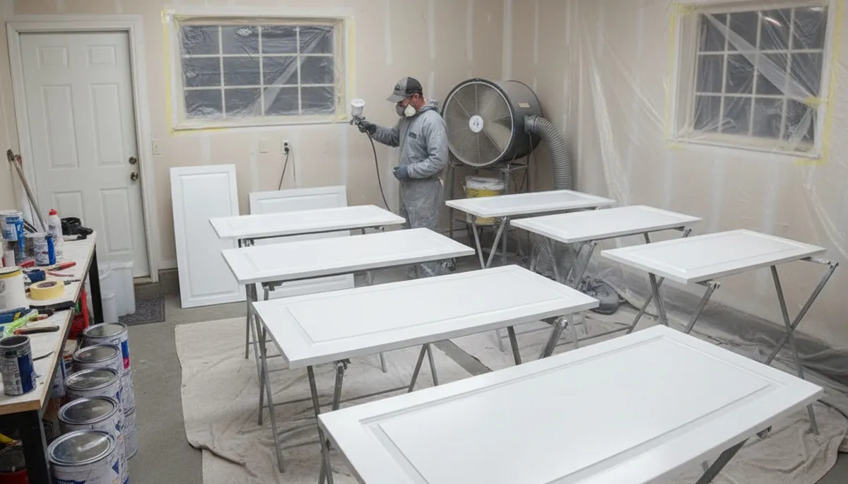 Professional cabinet painting process in Salt Lake City UT using spray techniques for smooth kitchen finishes