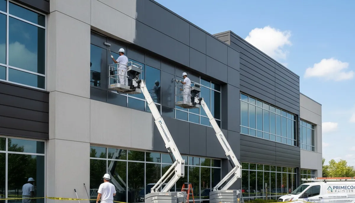 Professional commercial painters finishing office exterior in Salt Lake City, UT