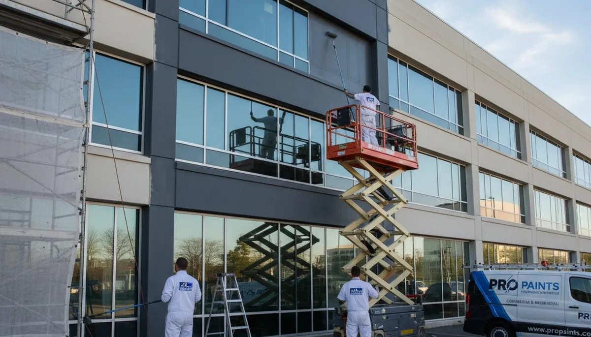 Professional commercial painters working on an office exterior in Salt Lake City, UT