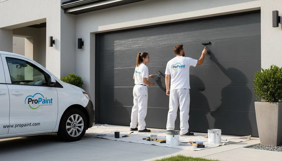 Professional painters finishing a garage door in Salt Lake City, UT for durable curb appeal