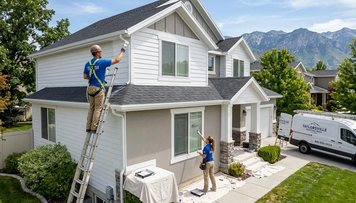 Professional house painters working on residential exterior in Salt Lake City, UT