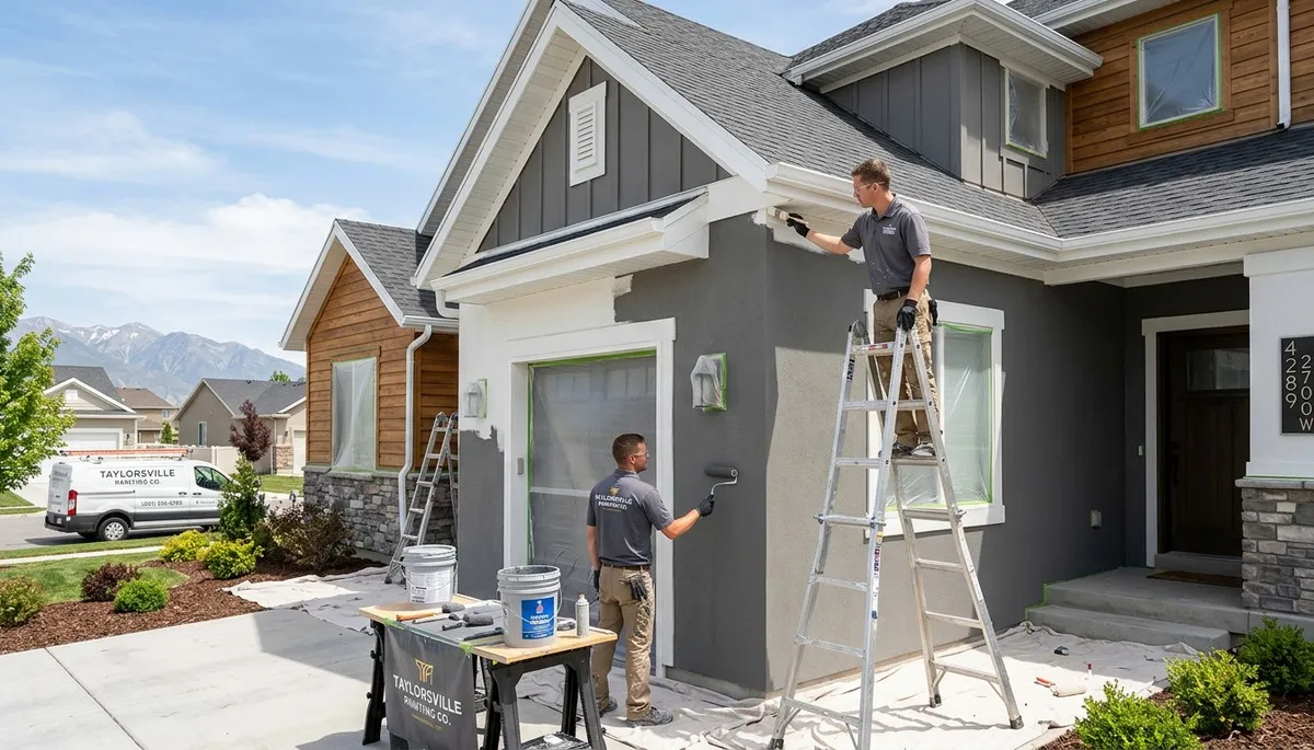 Professional house painters working on residential exterior in Salt Lake City, Utah