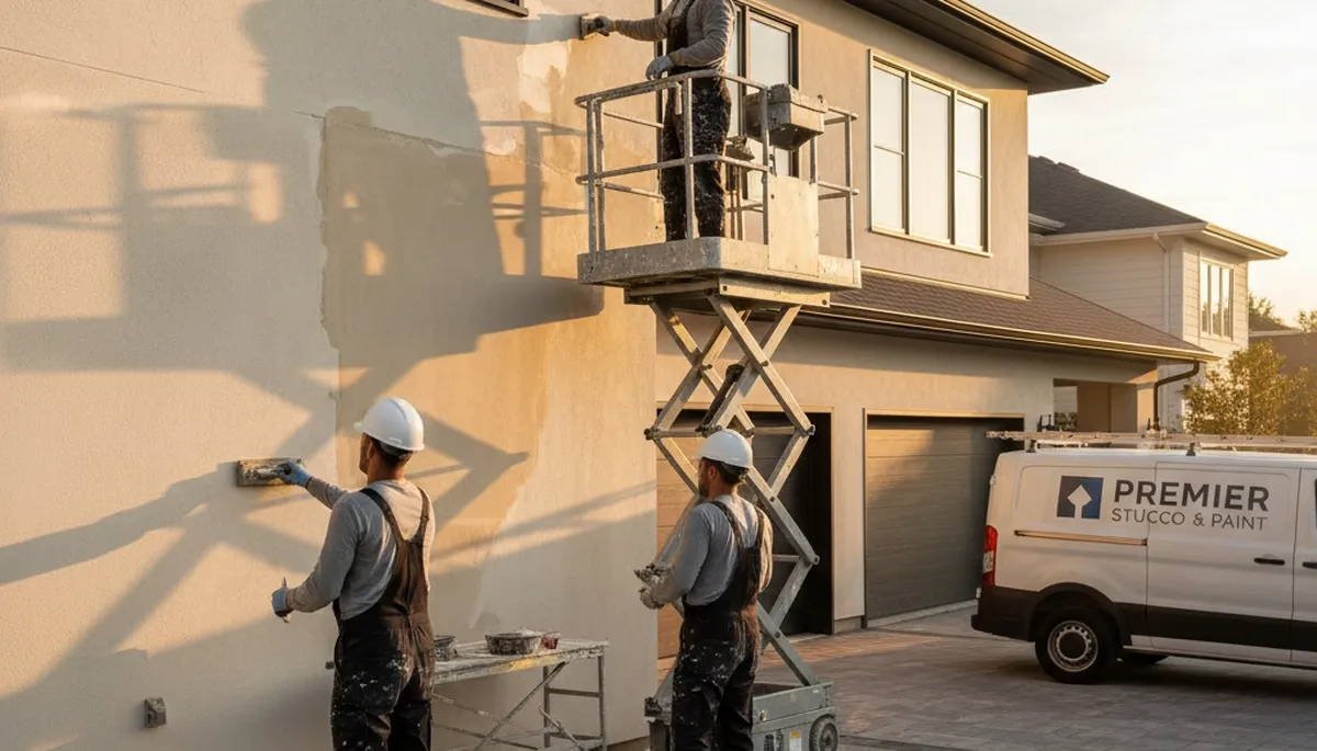 Technician repairing stucco cracks on Salt Lake City UT home exterior for professional restoration
