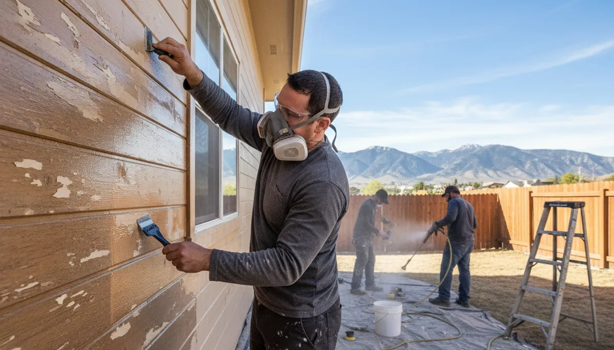 Painter sanding exterior wall for surface prep before painting in Salt Lake City, UT home